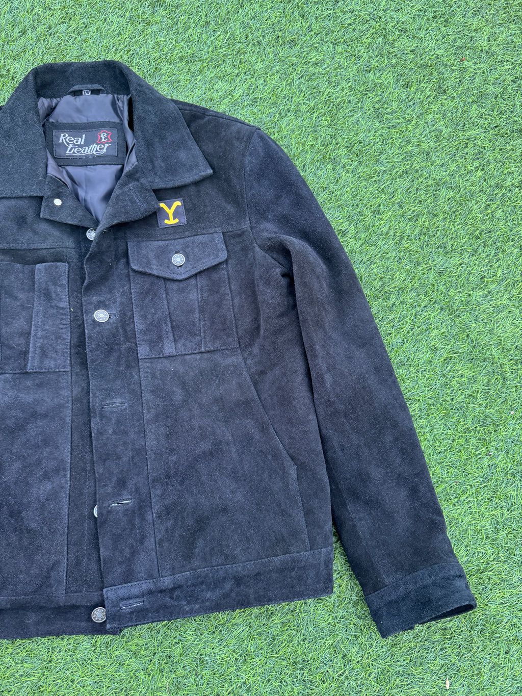 Mens Vintage Black Suede Leather Trucker Jacket Western Ranch Y Patch Size Large