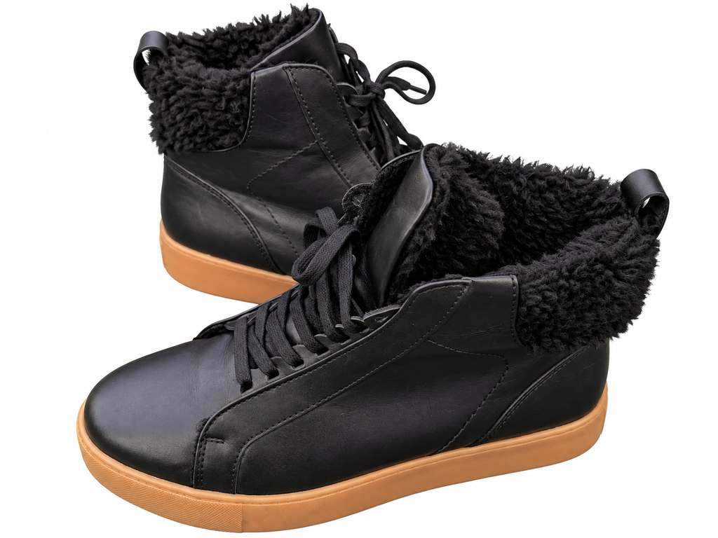 Dune London Enyas Black Leather Fur Lined High Top Trainers Shoes UK 8