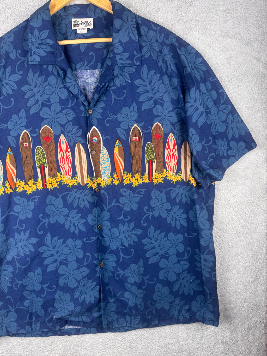 Aloha Republic Hawaiian Shirt 2XL Blue Surfboard Hibiscus Made In Hawaii USA
