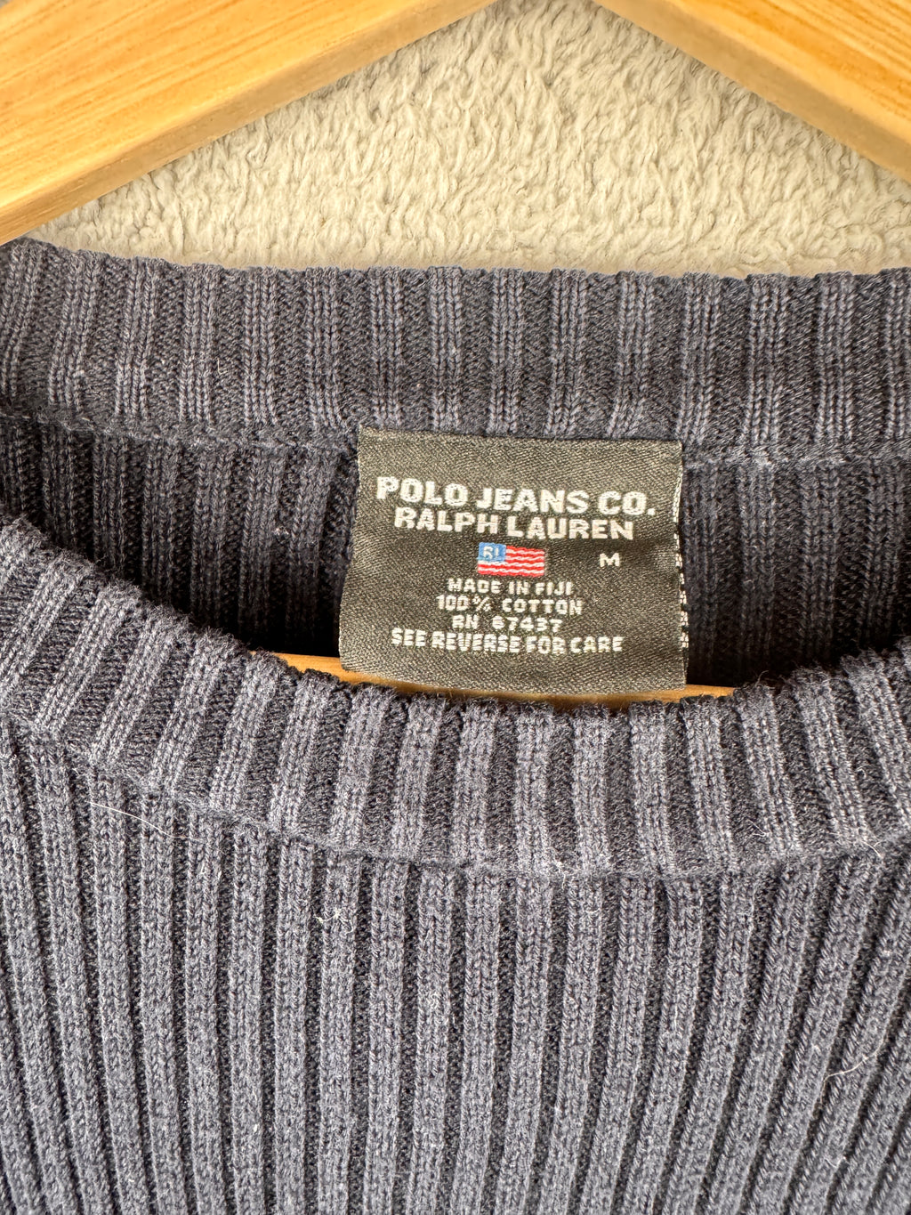 Polo Jeans Co Ralph Lauren Mens Medium Navy Ribbed Cotton Jumper USA Flag Y2K