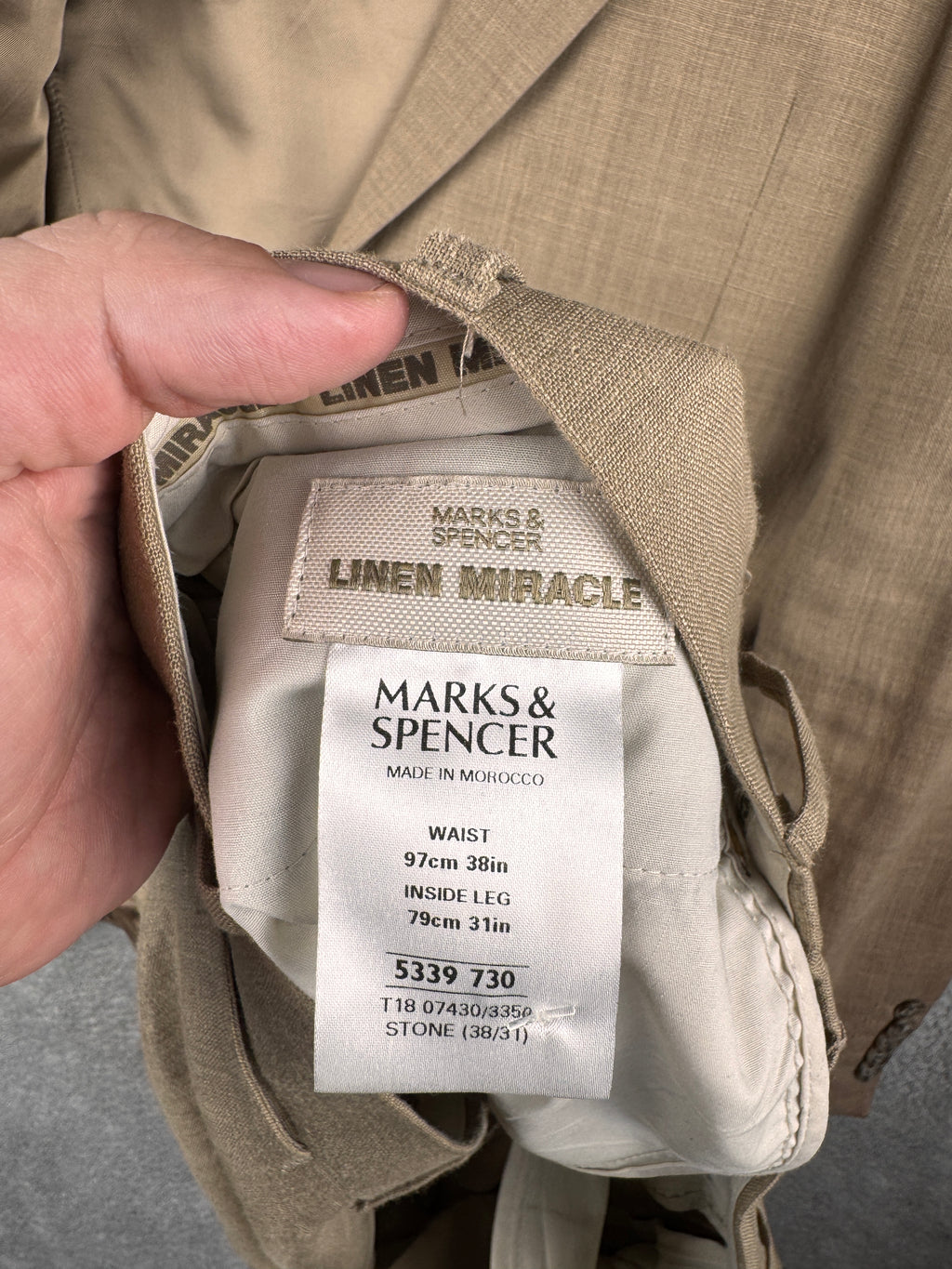 M&S Linen Miracle Mens Suit 44L W38 L31 Stone Nova Fides Italian Linen 2 Piece
