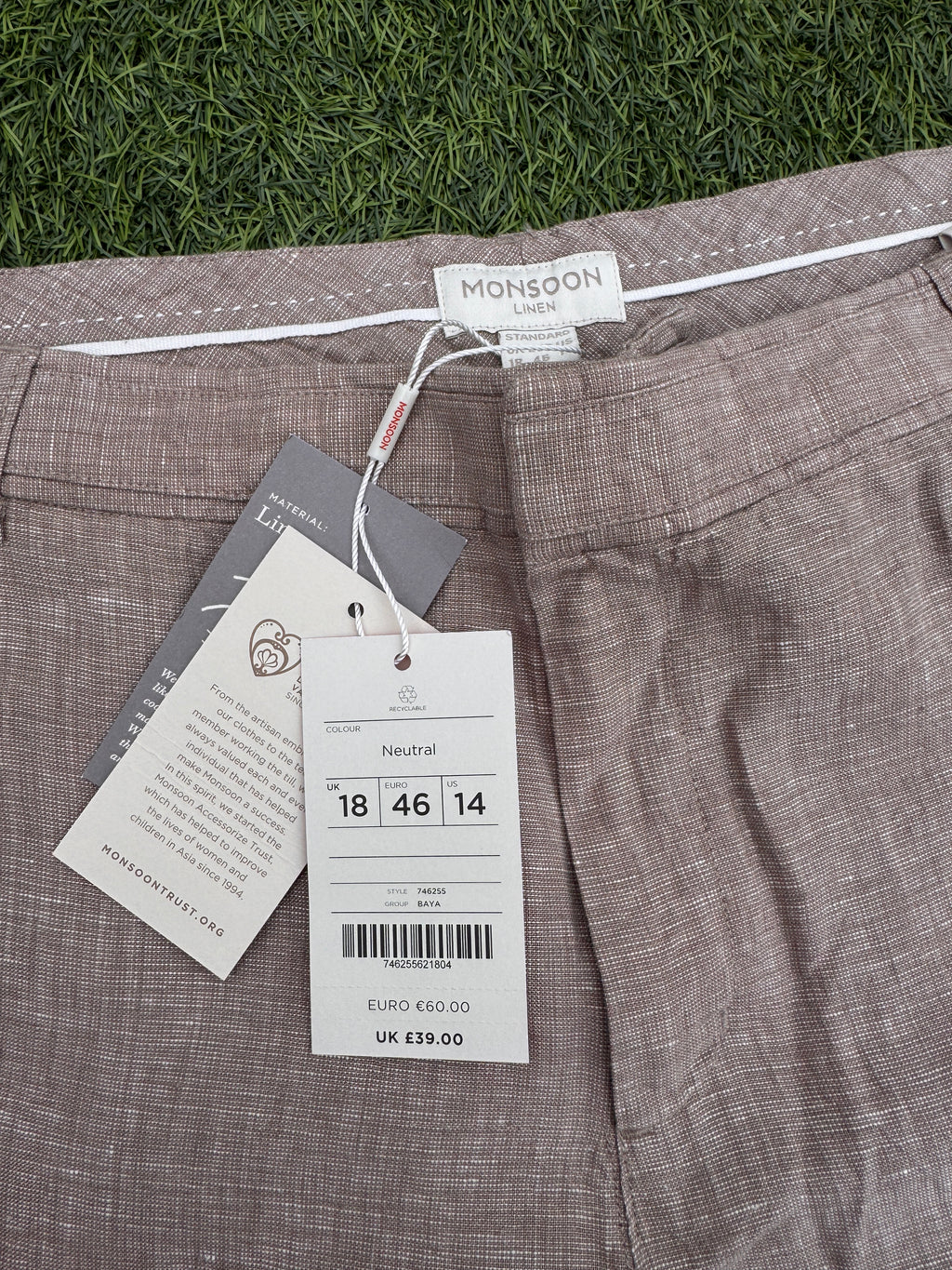 Monsoon Womens 100% Linen Wide Leg Trousers UK 18 Neutral Beige