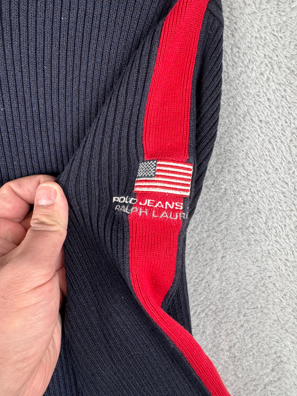Polo Jeans Co Ralph Lauren Mens Medium Navy Ribbed Cotton Jumper USA Flag Y2K