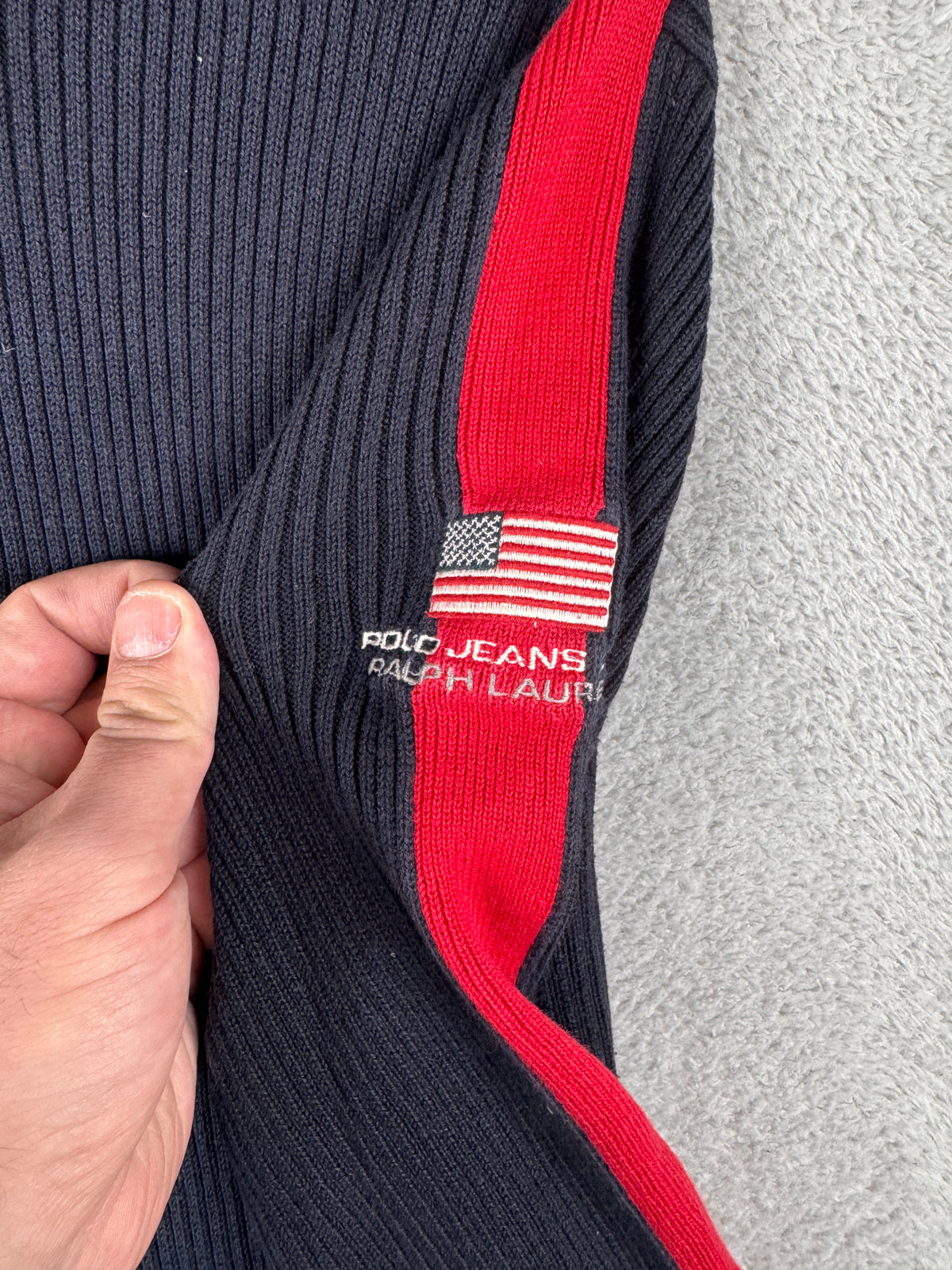 Polo Jeans Co Ralph Lauren Mens Medium Navy Ribbed Cotton Jumper USA Flag Y2K