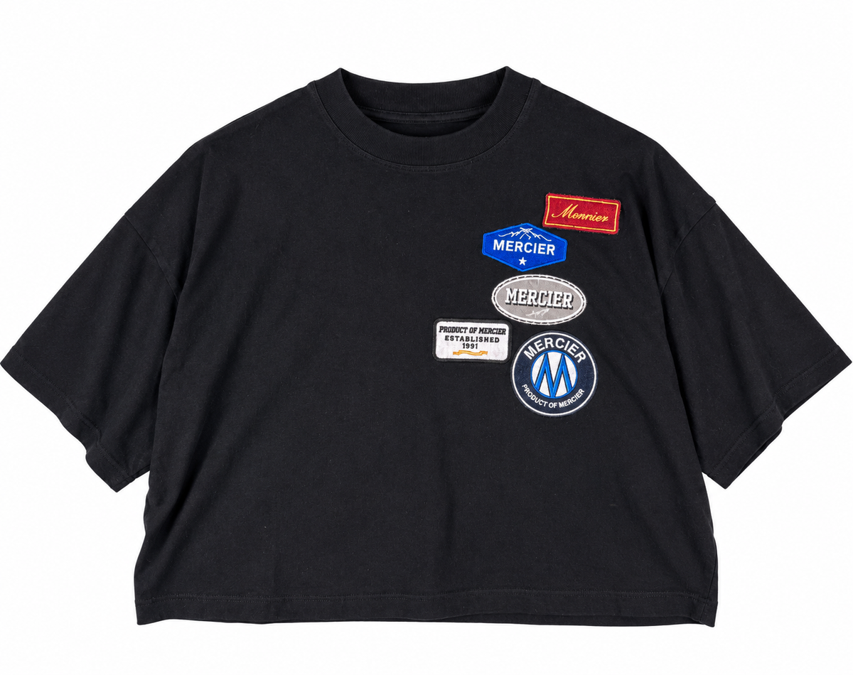 Mercier Womens Medium Cropped T Shirt Black Embroidered Patch Logo