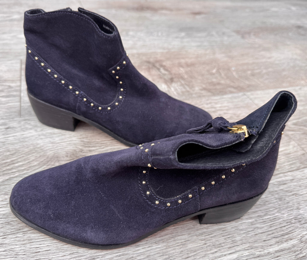 Oliver Bonas Womens Navy Suede Leather Ankle Boots Studded Western Zip UK 5