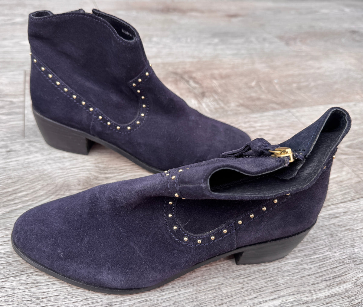 Oliver Bonas Womens Navy Suede Leather Ankle Boots Studded Western Zip UK 5