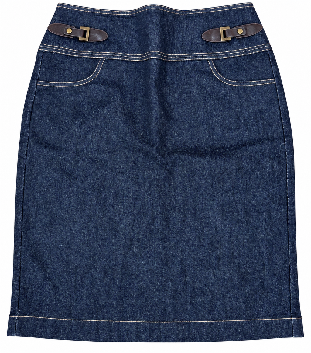 Dressbarn Womens Denim Midi Skirt UK 8 Blue Stretch Buckle Y2K Contrast Stitch