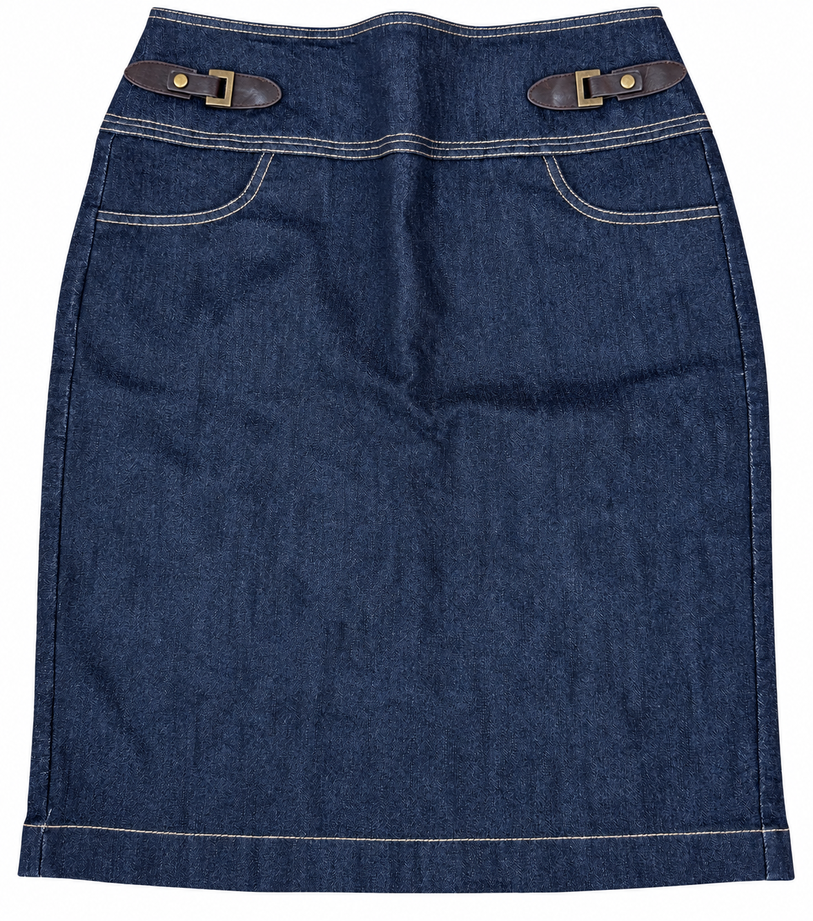 Dressbarn Womens Denim Midi Skirt UK 8 Blue Stretch Buckle Y2K Contrast Stitch