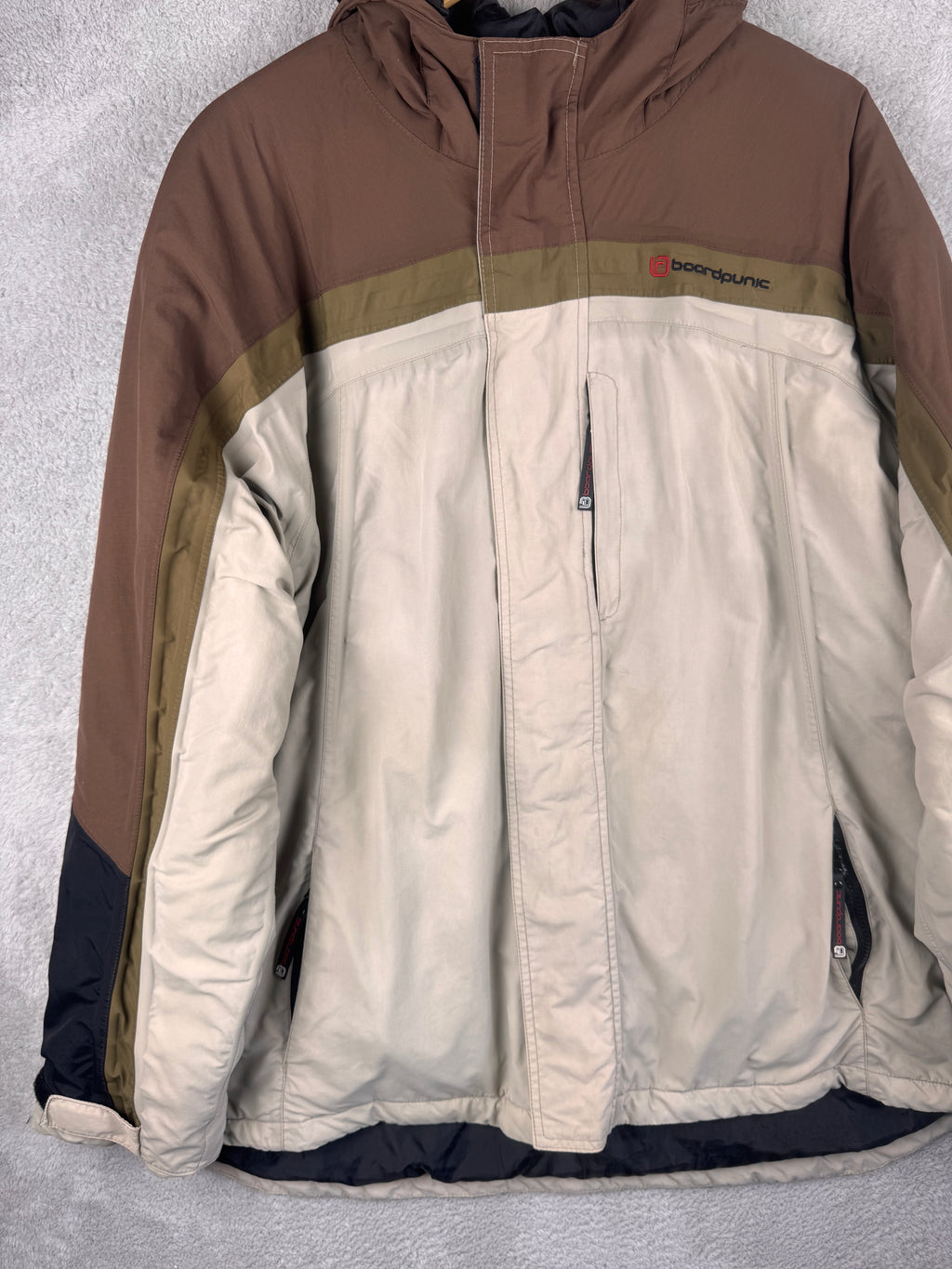 BoardPunk Mens Large Snowboard Ski Jacket Brown Cream Hooded Winter