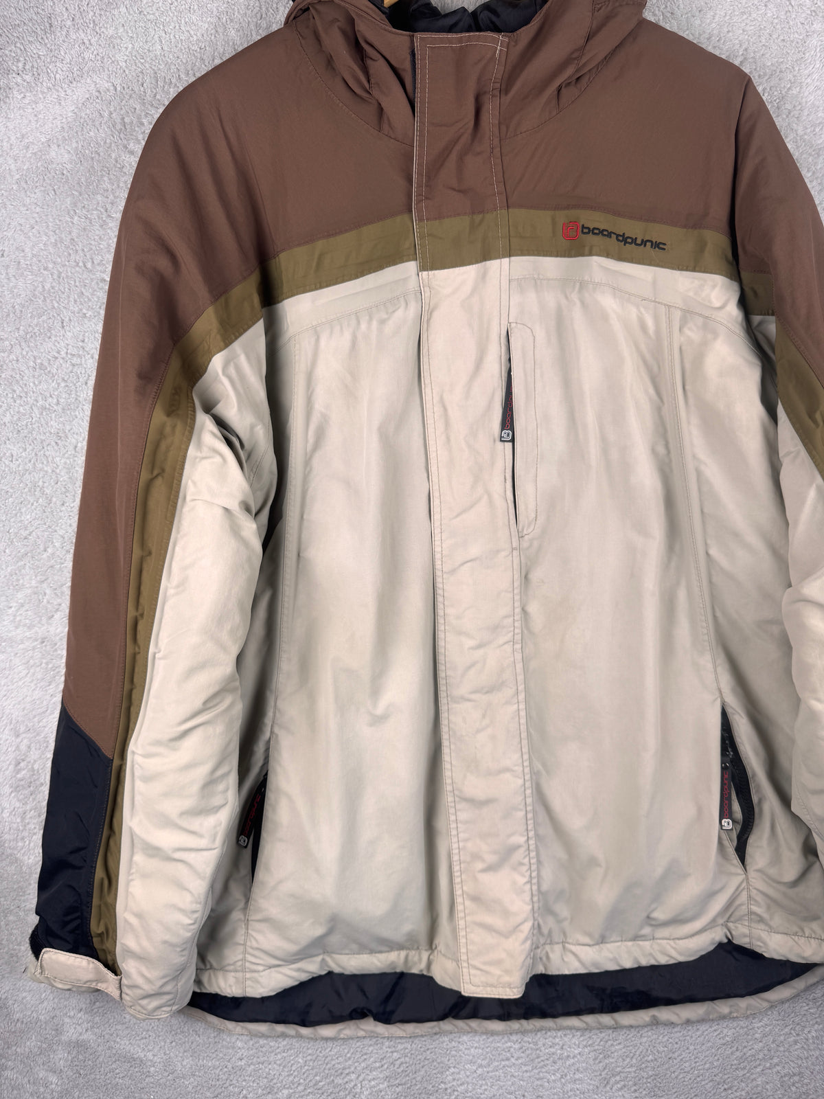 BoardPunk Mens Large Snowboard Ski Jacket Brown Cream Hooded Winter