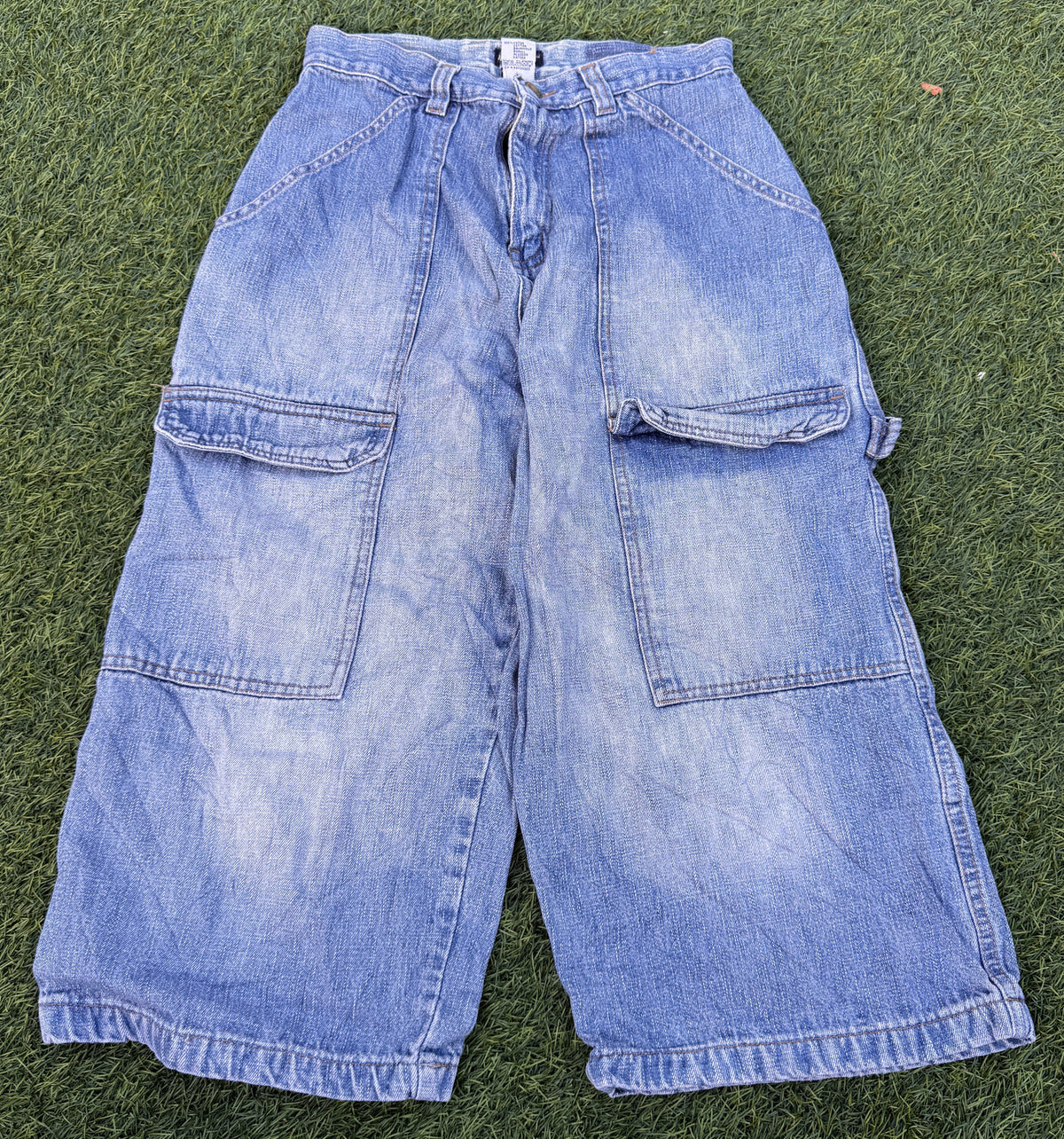 Active Wear Mens Denim Cargo Shorts W28 Blue Baggy Long Y2K Skater Utility