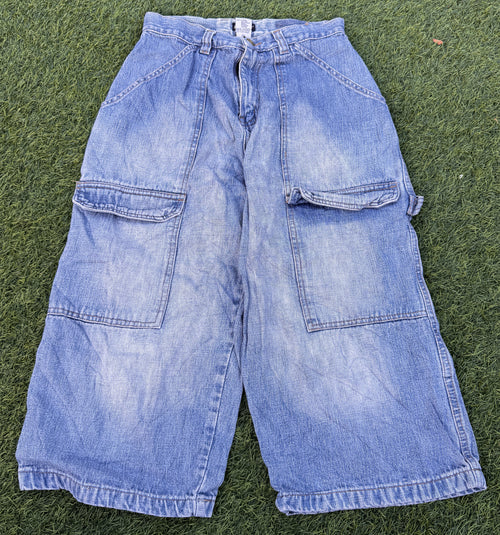 Active Wear Mens Denim Cargo Shorts W28 Blue Baggy Long Y2K Skater Utility