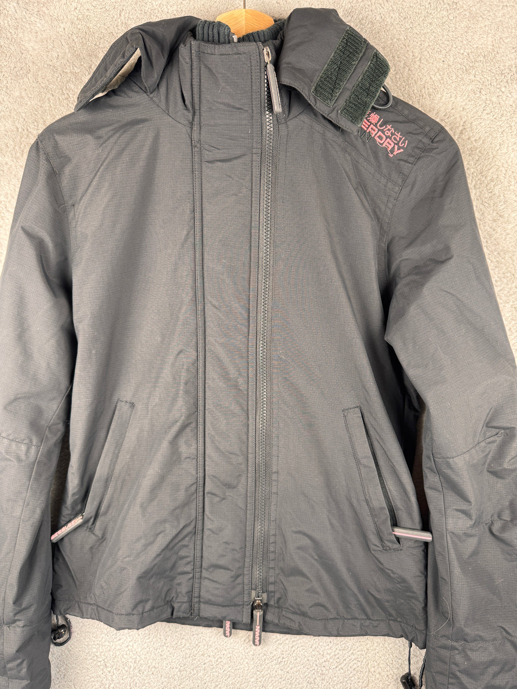 Superdry Womens Small Windcheater Jacket Black Pink Fleece Lined Hooded Coat