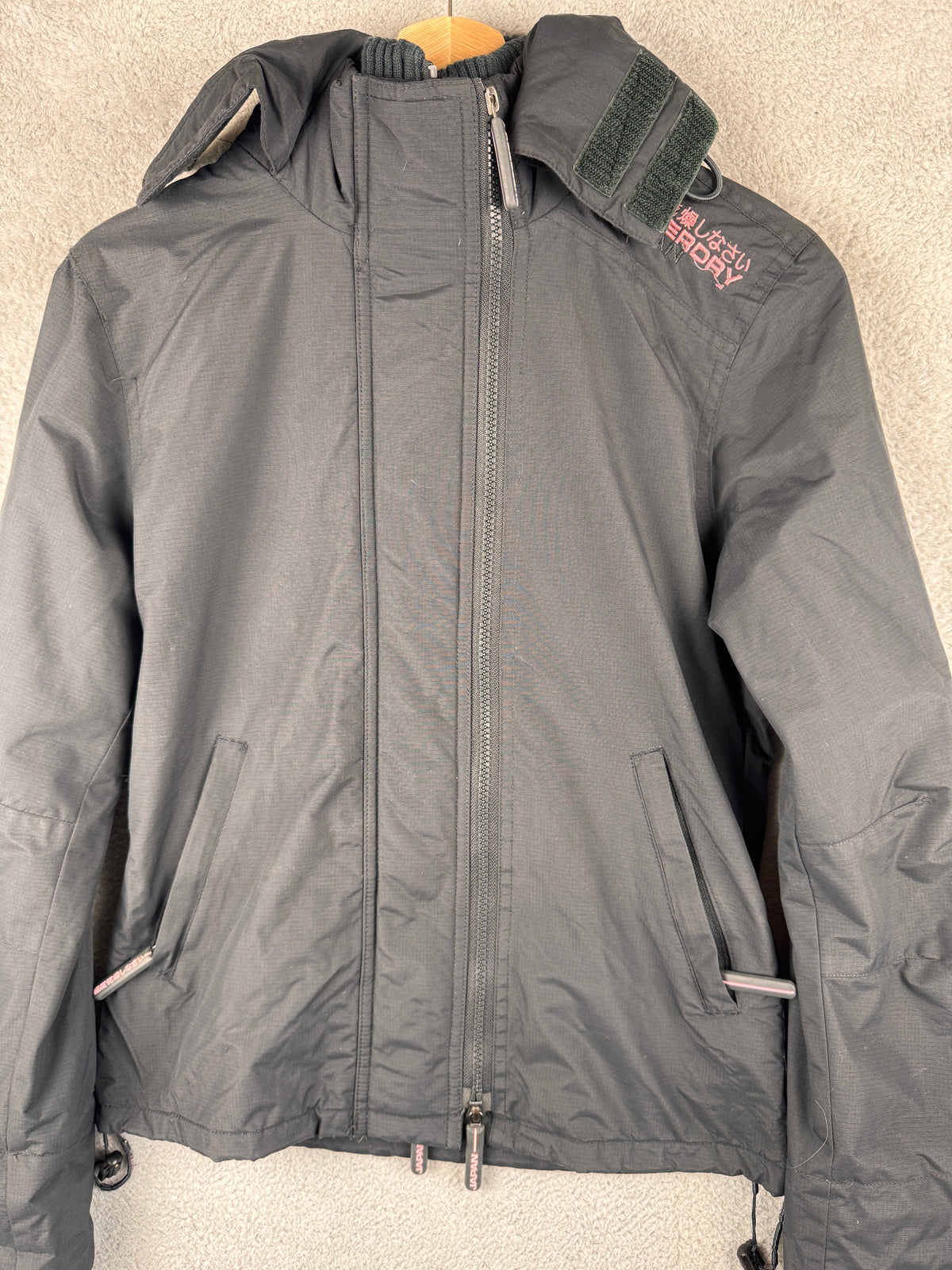 Superdry Womens Small Windcheater Jacket Black Pink Fleece Lined Hooded Coat