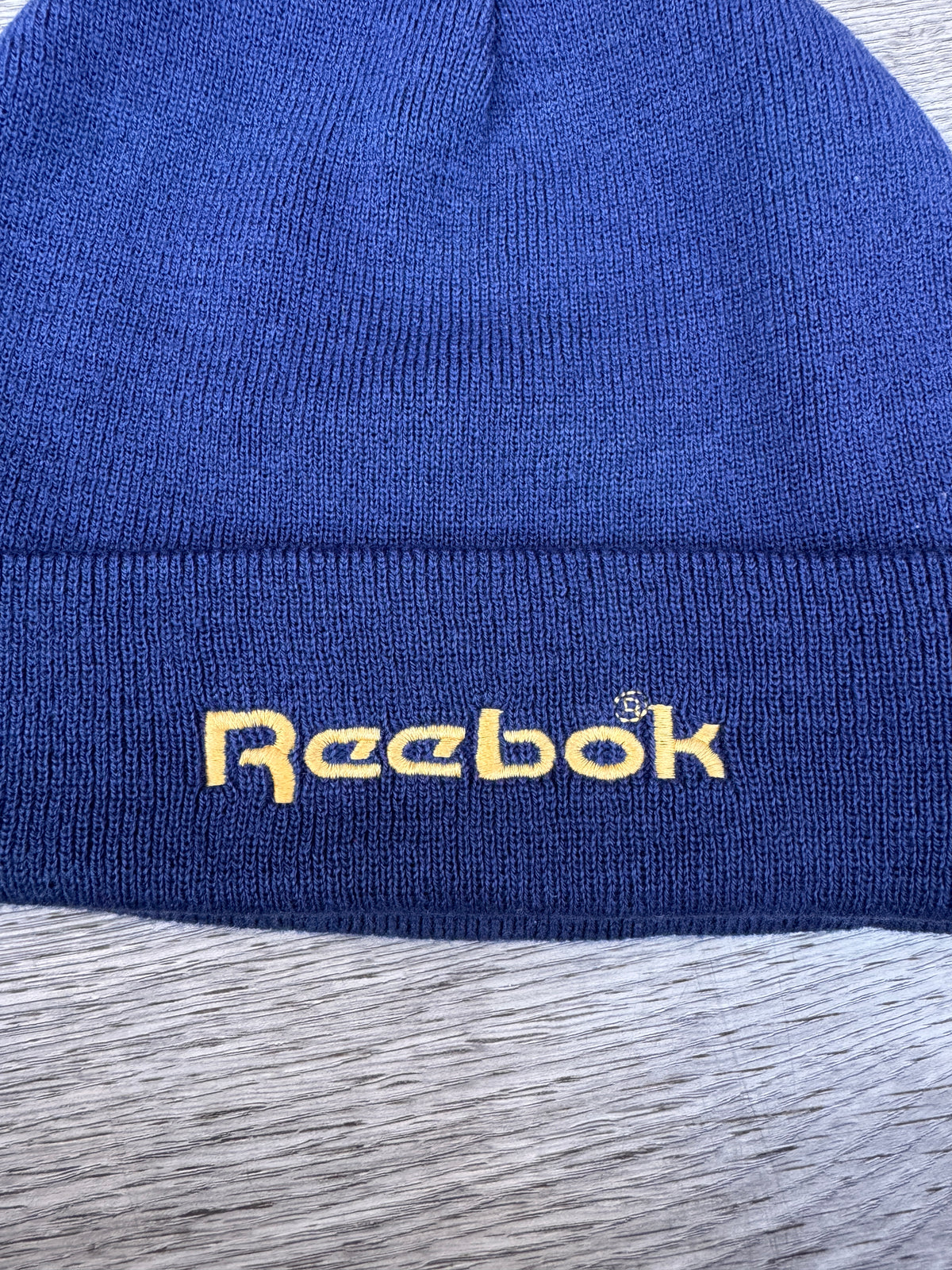 Reebok Vintage Beanie Hat Blue Yellow Embroidered Logo Cuffed