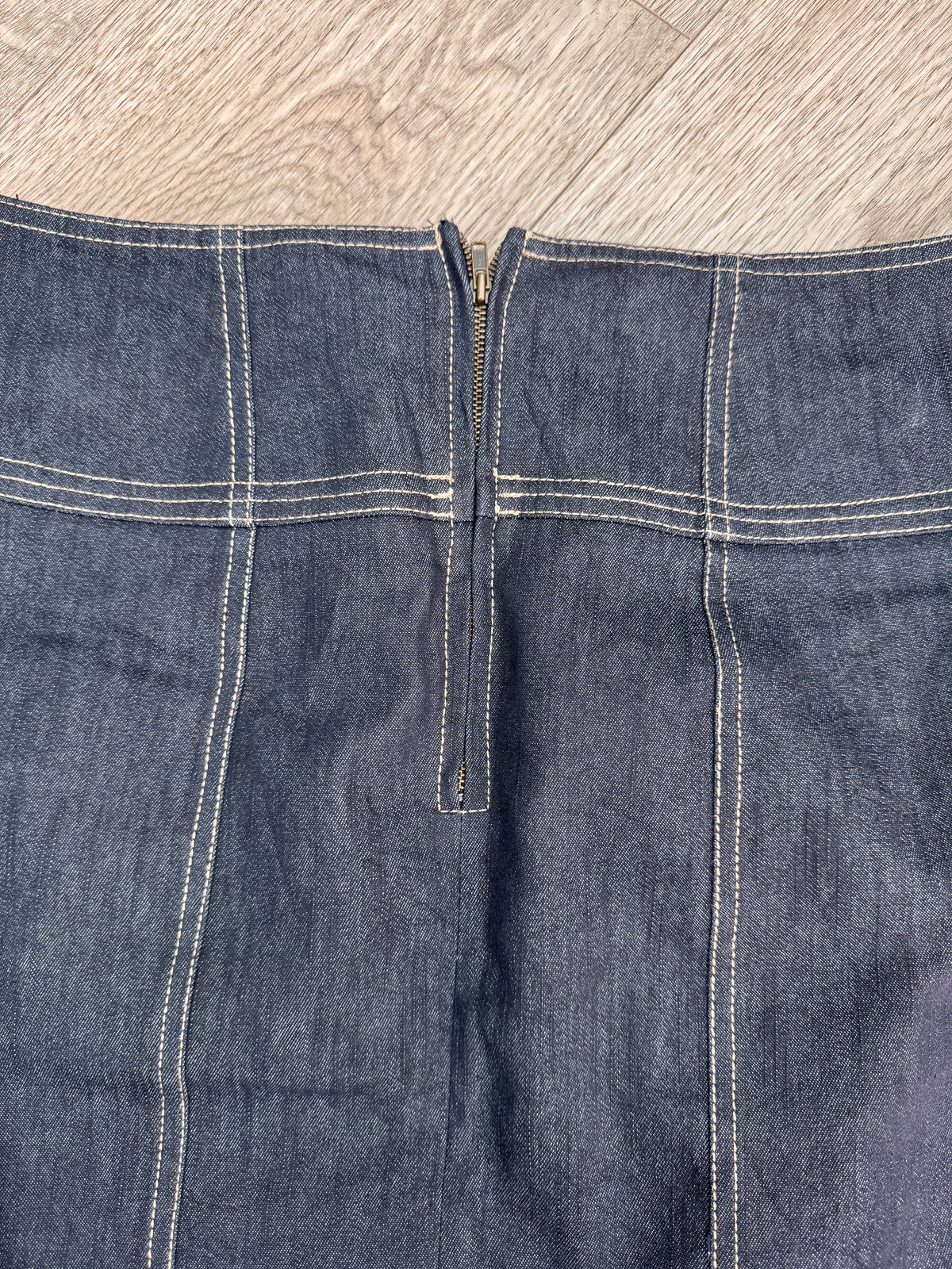 Dressbarn Womens Denim Midi Skirt UK 8 Blue Stretch Buckle Y2K Contrast Stitch