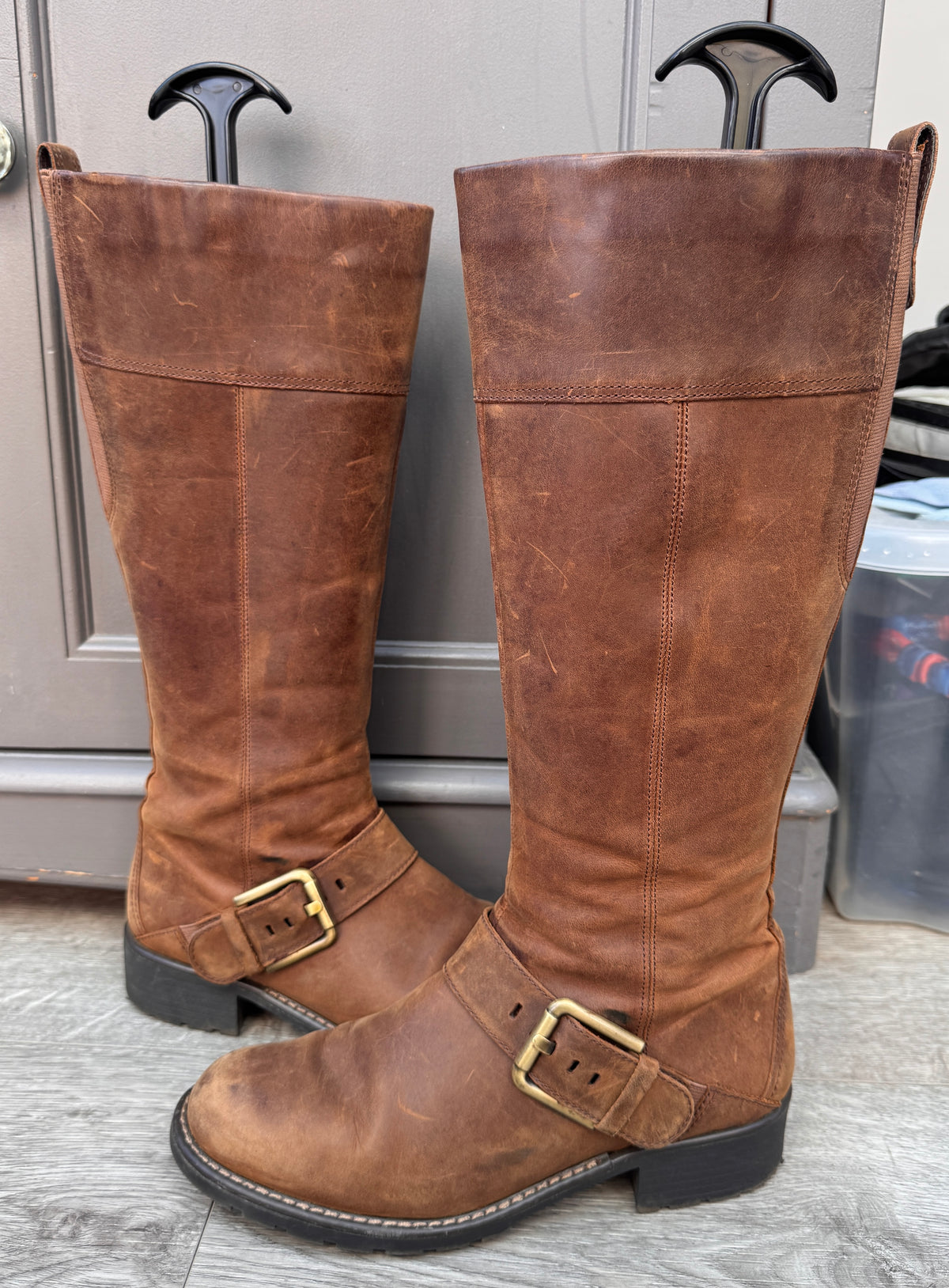 Clarks Womens Brown Leather Knee High Biker Boots Buckle Zip UK 5.5